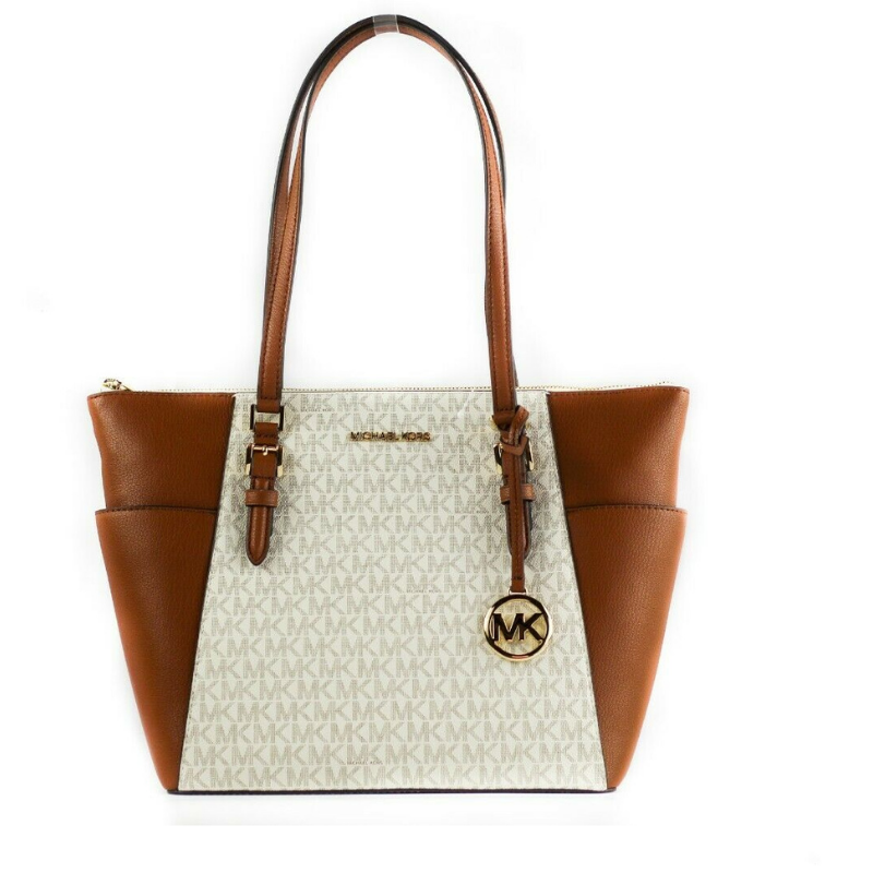 Michael Kors Charlotte Signature Leather Large Top Zip Tote Handbag Bag (Vanilla) - Ora And Co.