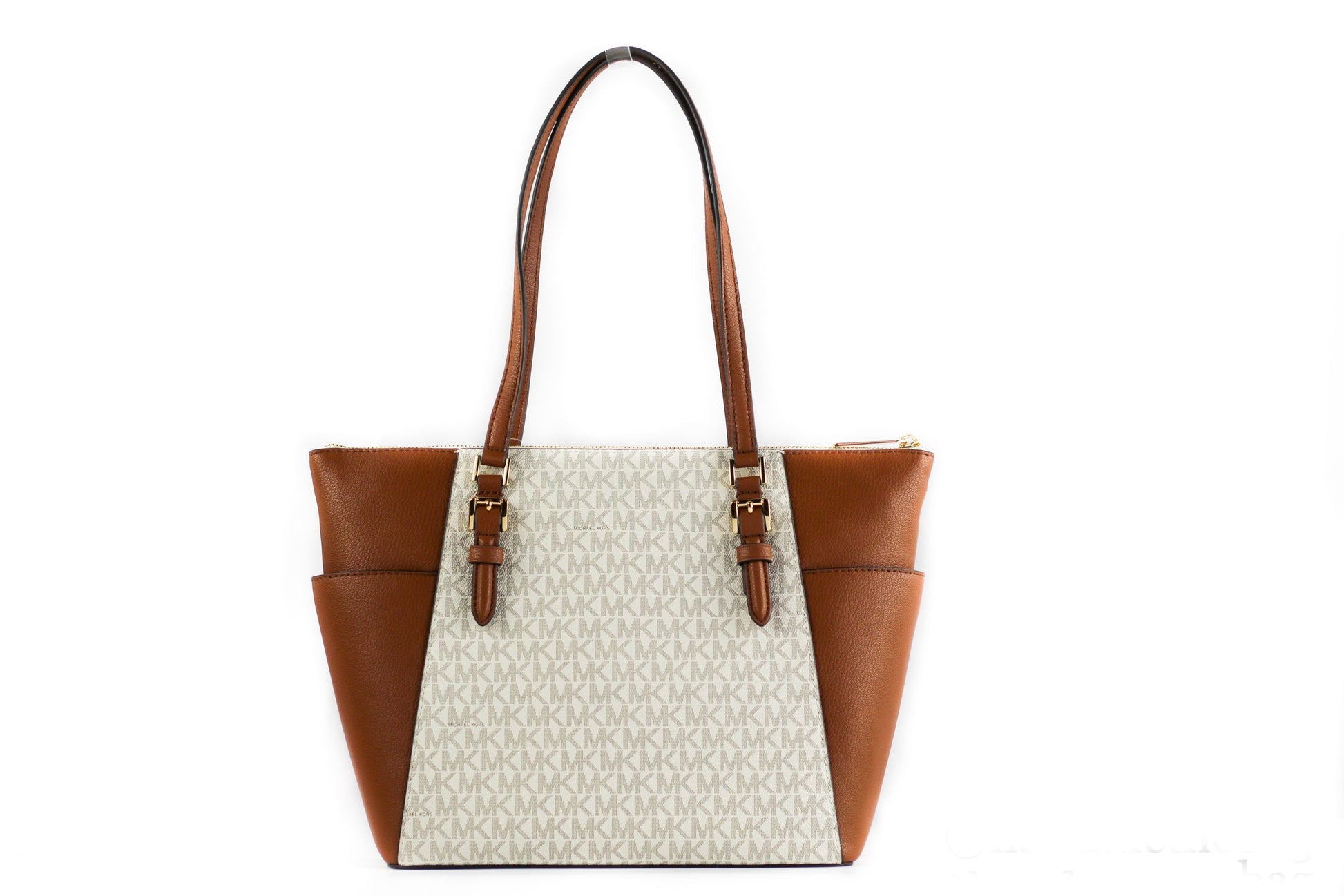 Michael Kors Charlotte Signature Leather Large Top Zip Tote Handbag Bag (Vanilla) - Ora And Co.