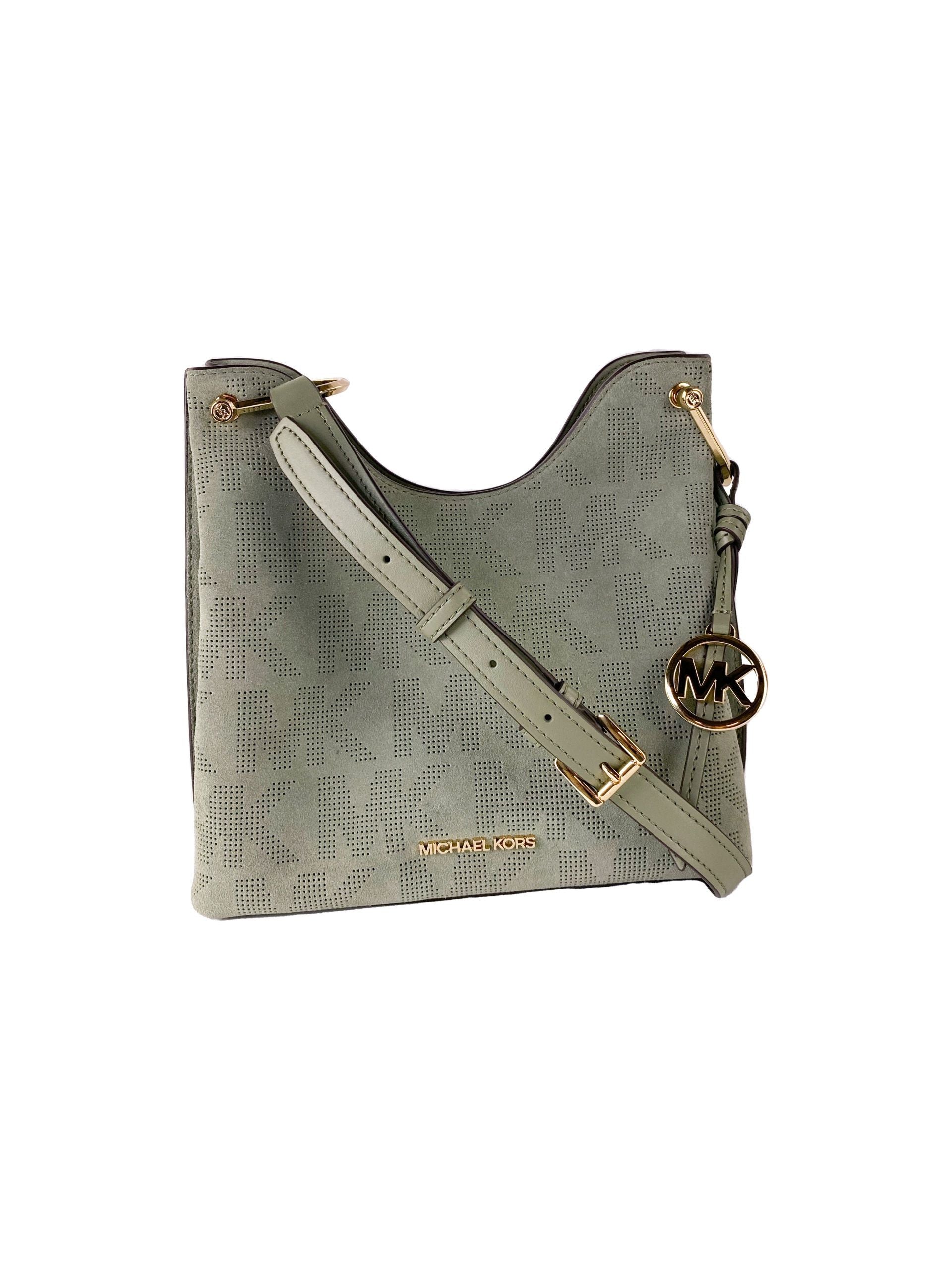 Michael Kors Joan Large Perforated Suede Leather Slouchy Messenger Handbag (Army Green) - Ora And Co.