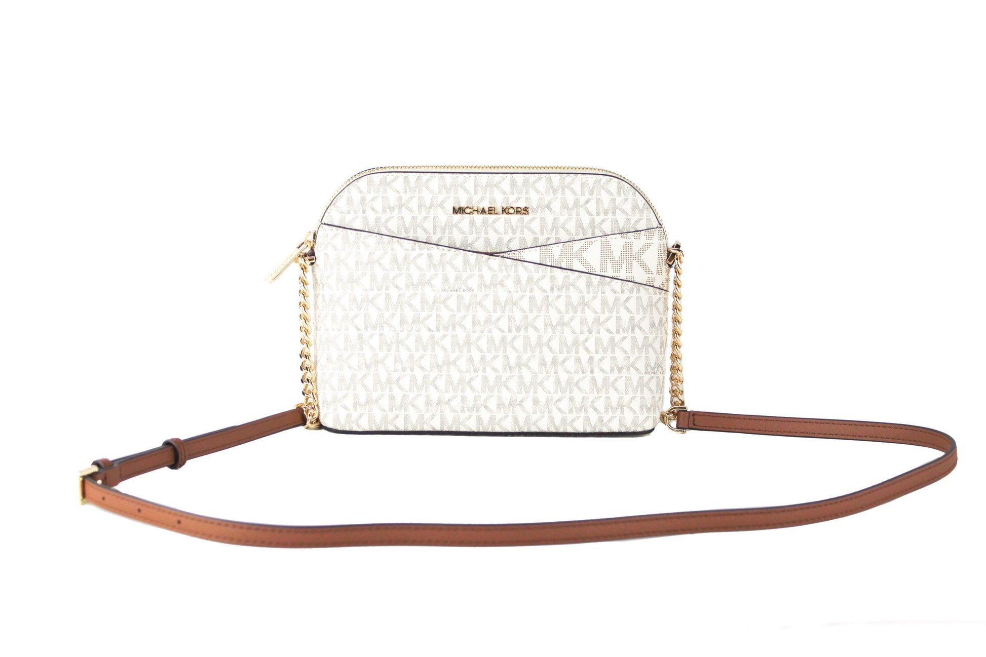 Michael Kors Jet Set Travel Medium Leather X Cross Dome Crossbody Handbag (Vanilla Signature/Gold) - Ora And Co.