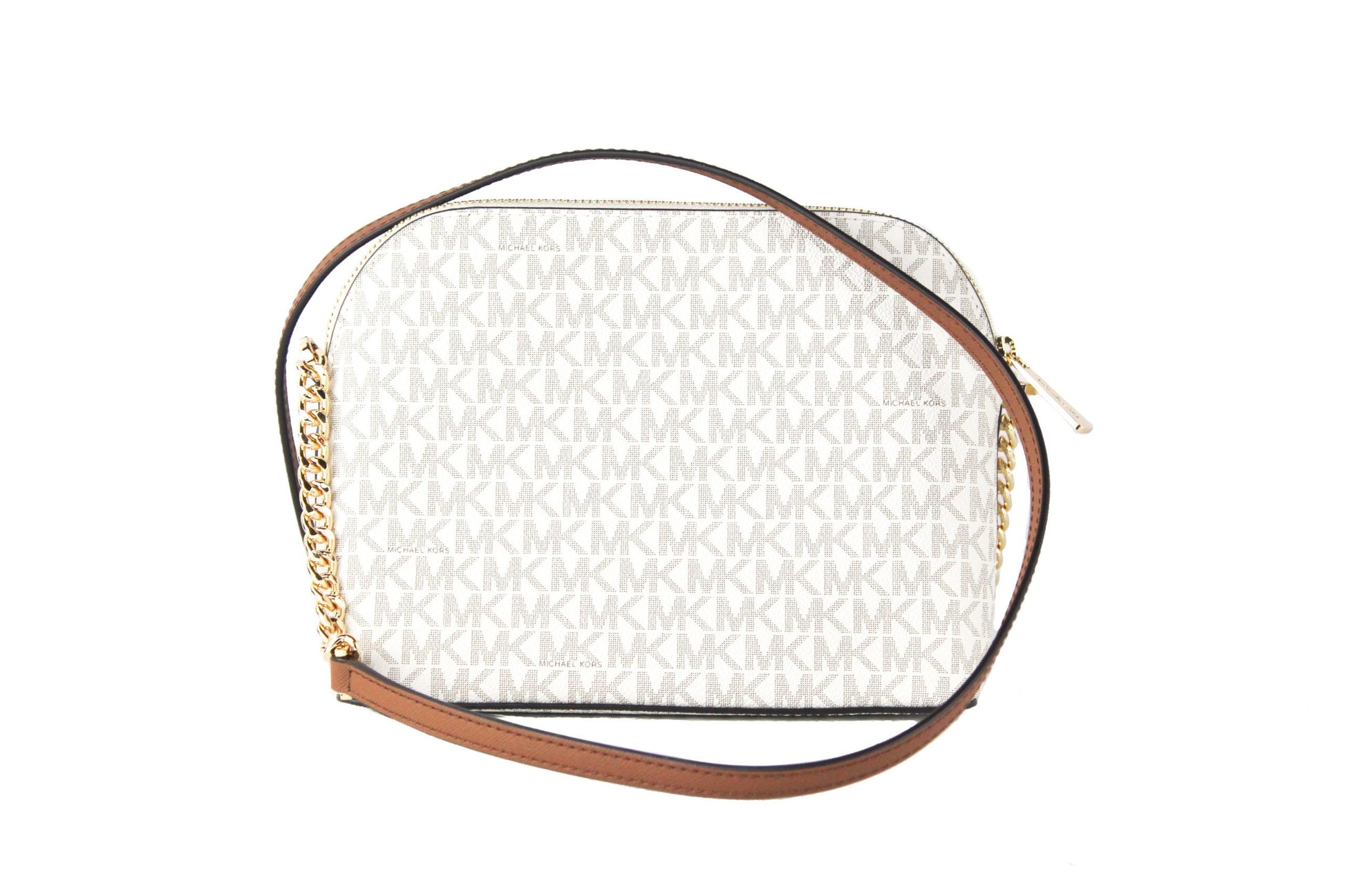 Michael Kors Jet Set Travel Medium Leather X Cross Dome Crossbody Handbag (Vanilla Signature/Gold) - Ora And Co.