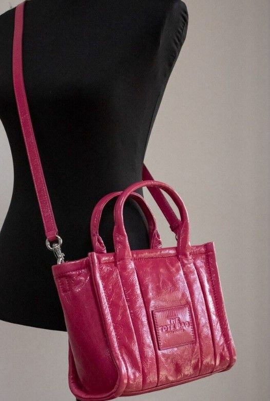 Marc Jacobs The Shiny Crinkle Mini Tote Magenta Leather Crossbody Handbag Purse - Ora And Co.