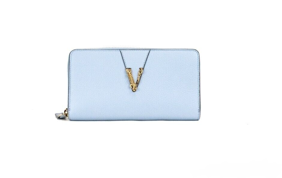 Versace Large Cornflower Grainy Leather Gold Monogram Zip Around Clutch Wallet - Ora And Co.