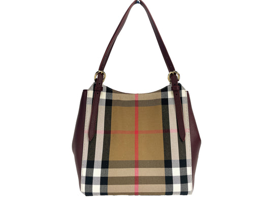 Burberry Small Canterby Mahogany Leather Check Canvas Tote Bag Purse - Ora And Co.