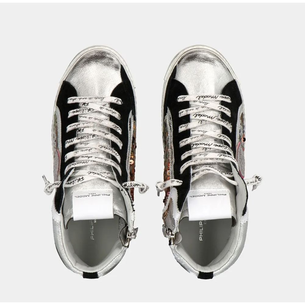 Philippe Model Elegant Gray Leather Sneakers with Sequin Details - Ora And Co.