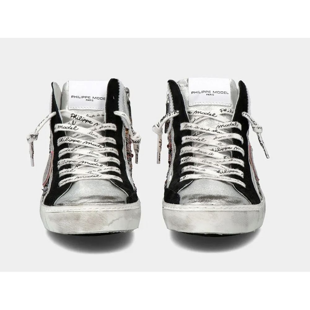 Philippe Model Elegant Gray Leather Sneakers with Sequin Details - Ora And Co.